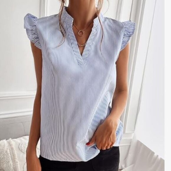 NWOT Women's Striped Ruffle Cap Sleeve Notched V Neck Blouse - Picture 2 of 8